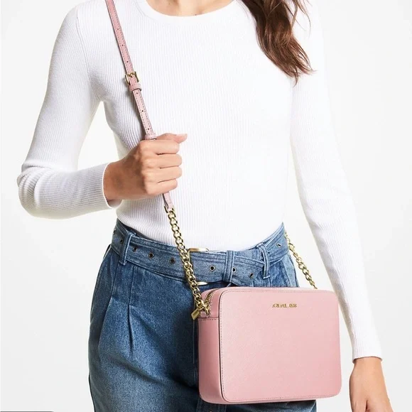 MICHAEL KORS- Jet Set LG Crossbody Bag in Light Pink with MK Print - Picture 1 of 8